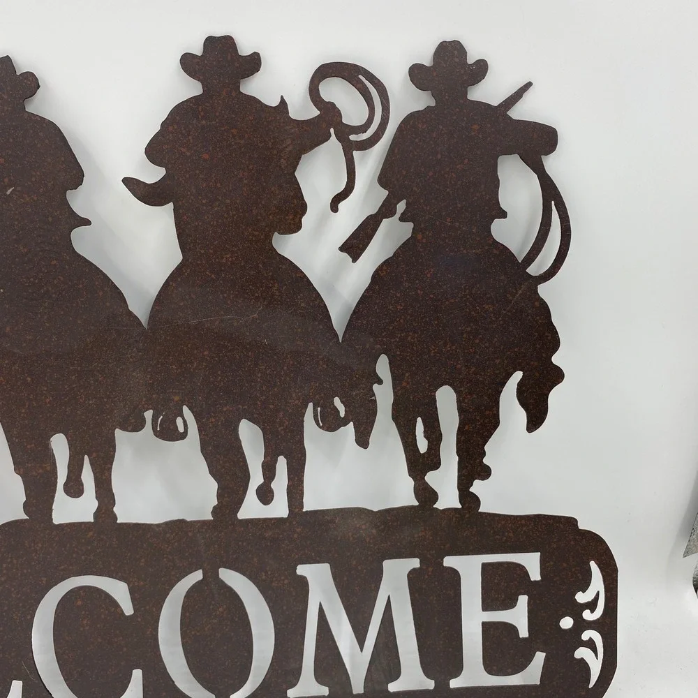 Large Metal Cowboy Welcome Sign Rust Brown Western Wall Art Ranch Rodeo Horse